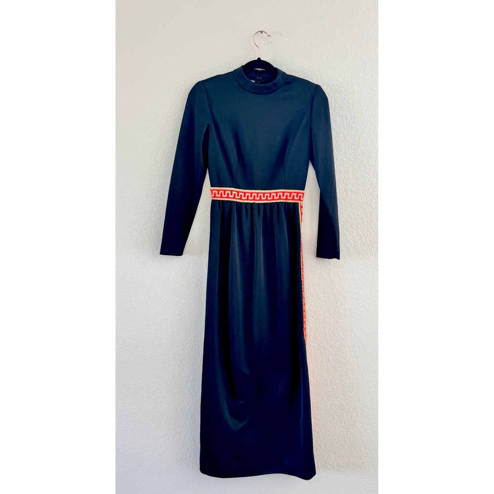 Leslie Fay Maxi Dress Womens Small Black Vintage Greek Key Toga Mock Neck Gown
